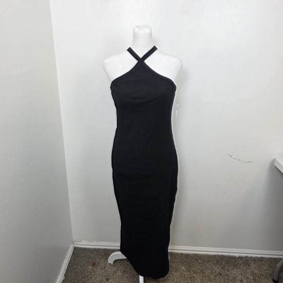 NEW Old Navy Black Ribbed Knit Halter Side Slit Fitted Midi Dress Size Large - Picture 2 of 10